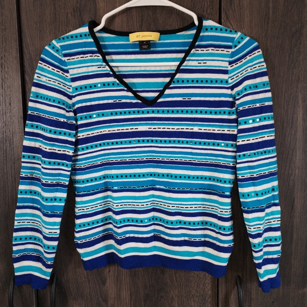 St. John Blue Striped V-Neck Women's Sweater
